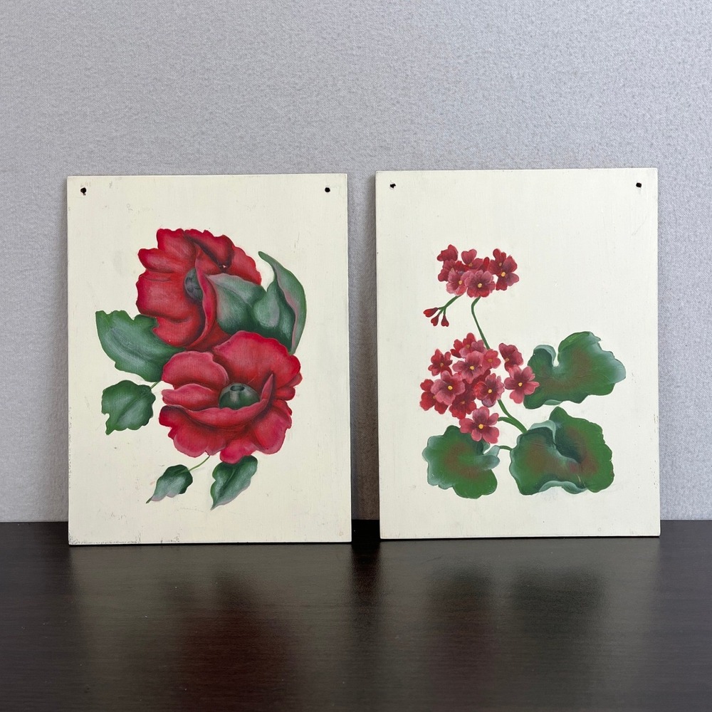 Vintage Hand Painted Floral Wood Plaques Set of 2‎ Red Poppies Geraniums Cream